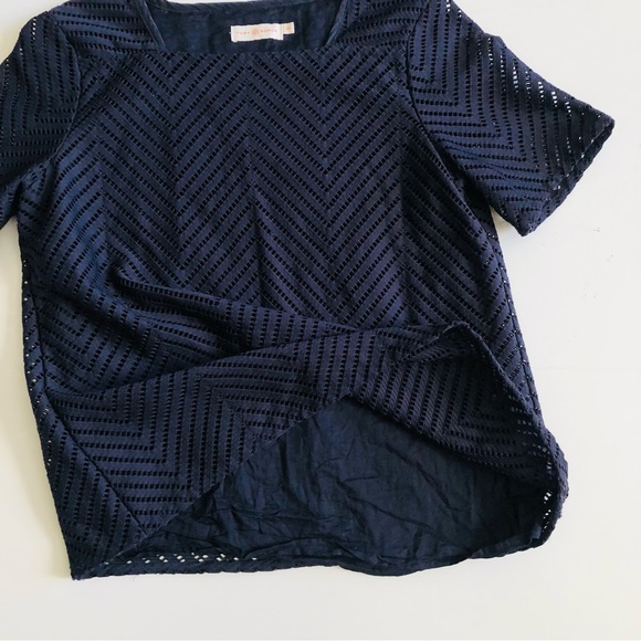 Tory Burch Square Neck Navy Zig Zag “Eyelet” Pullover Short Sleeve S - Picture 4 of 7
